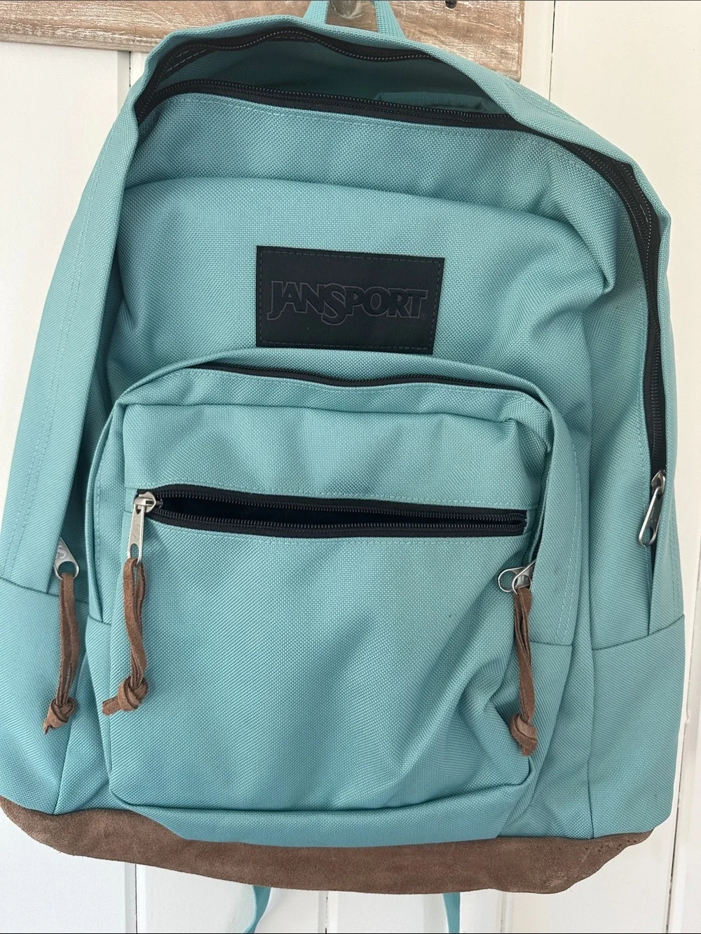 Jansport Light Teal Backpack with Brown Suede-Look Base